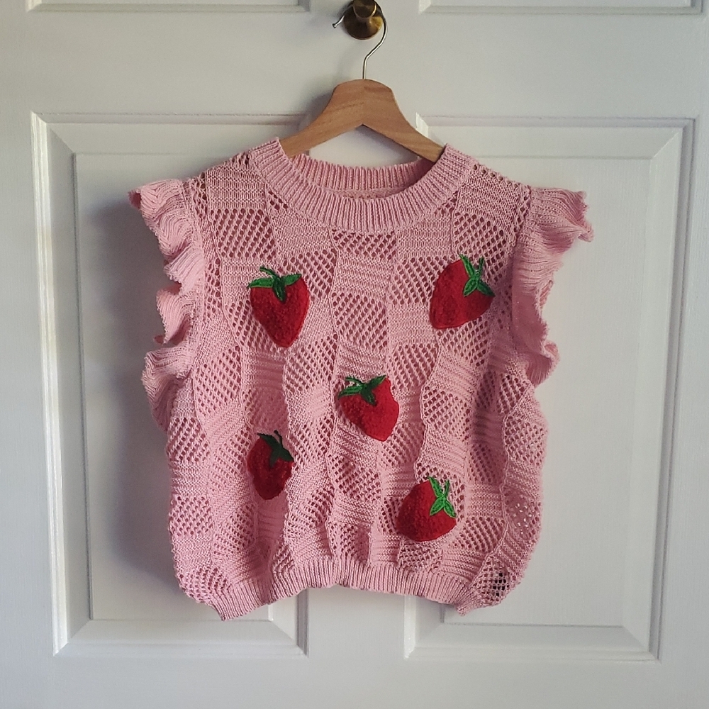 Pink Strawberry Cropped Knit Top